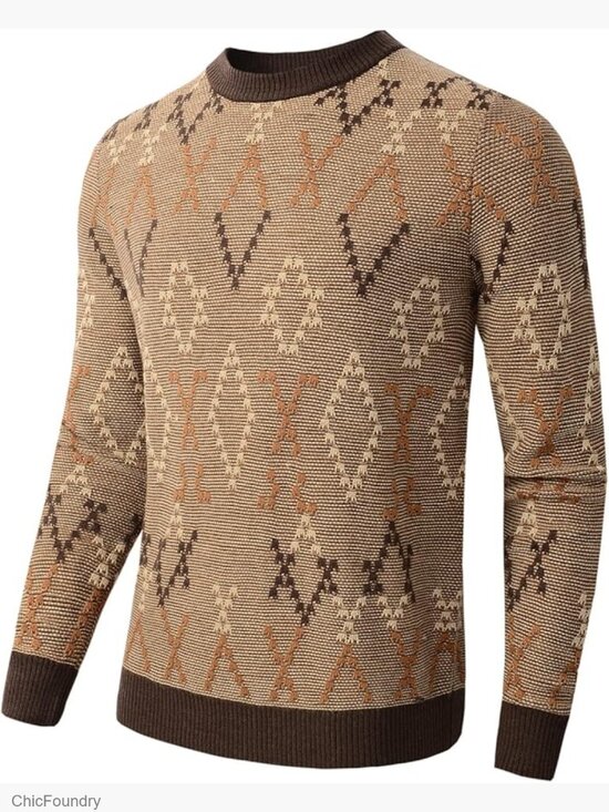 Other - Men's Retro Argyle Sweater - Long Sleeve Crewneck Pullover Slim Fit Knit
